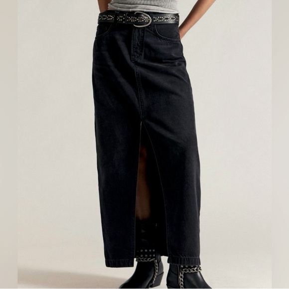 Lucky Brand Black Denim Front Slit Casual Maxi Jean Skirt Size 4 - Picture 1 of 7